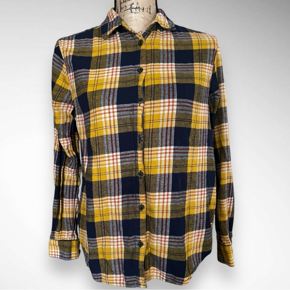 URBAN OUTFITTERS Women's Yellow Navy White Plaid Flannel Shirt XS | EUC